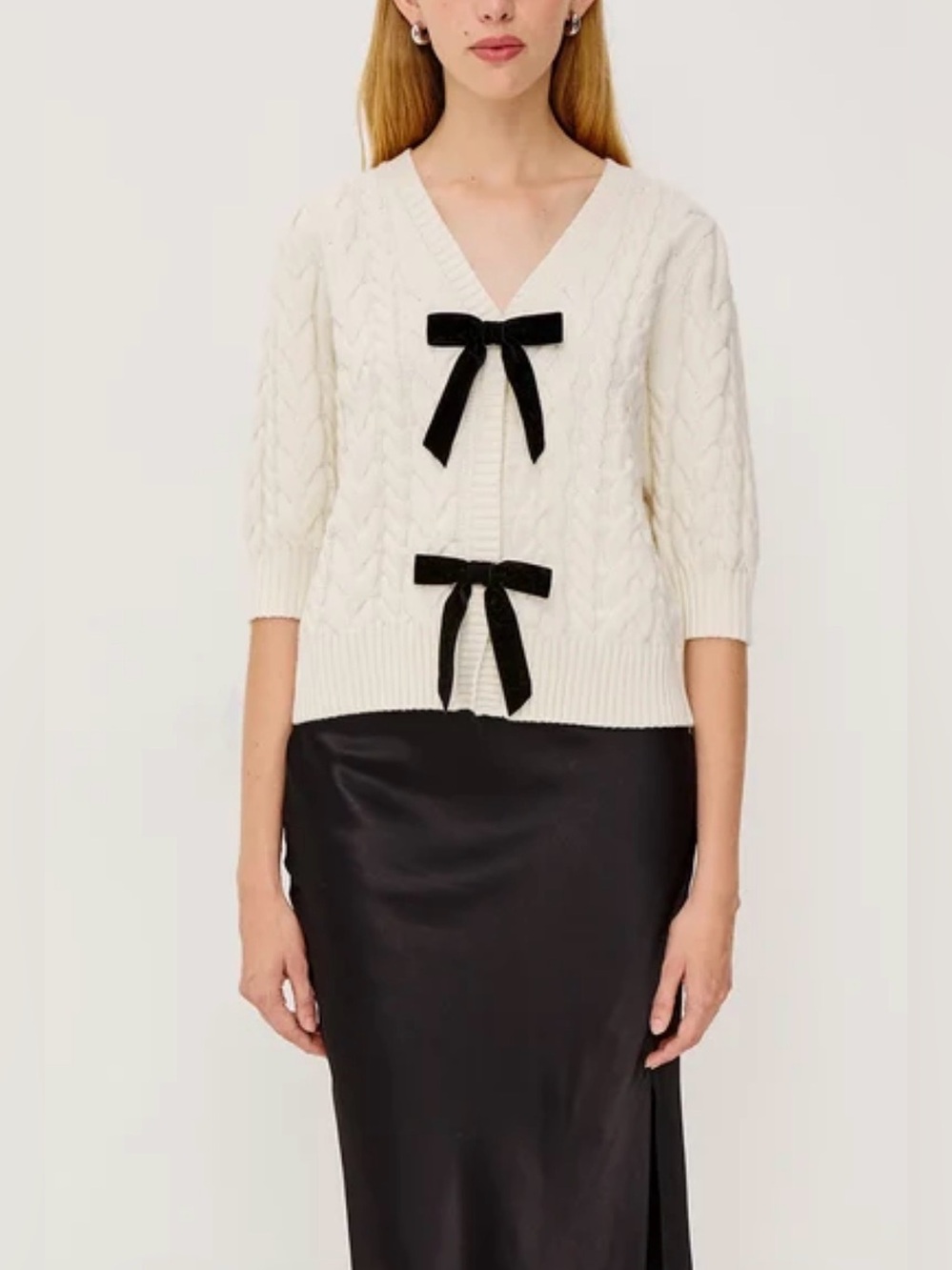 Rails Clarissa Cable-Knit Cardigan NWT Black Velvet Bow-Front Ivory XL